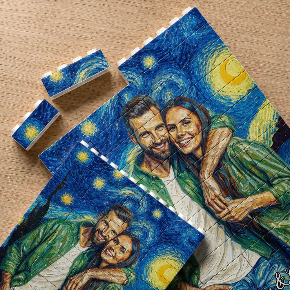 Custom Photo Starry Night Romantic Couple Anniversary - Personalized Building Brick Blocks