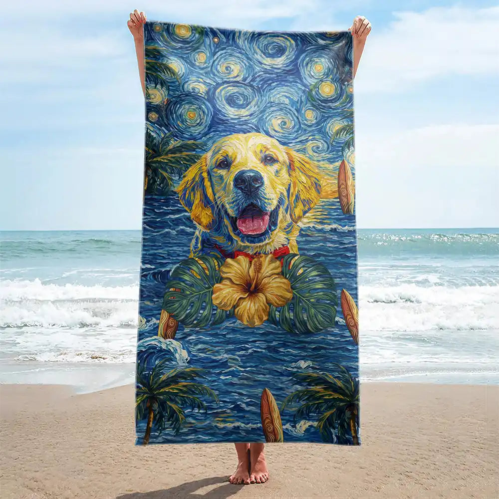 Custom Photo Starry Night Tropical Pattern Dog Cat Kid - Personalized Beach Towel
