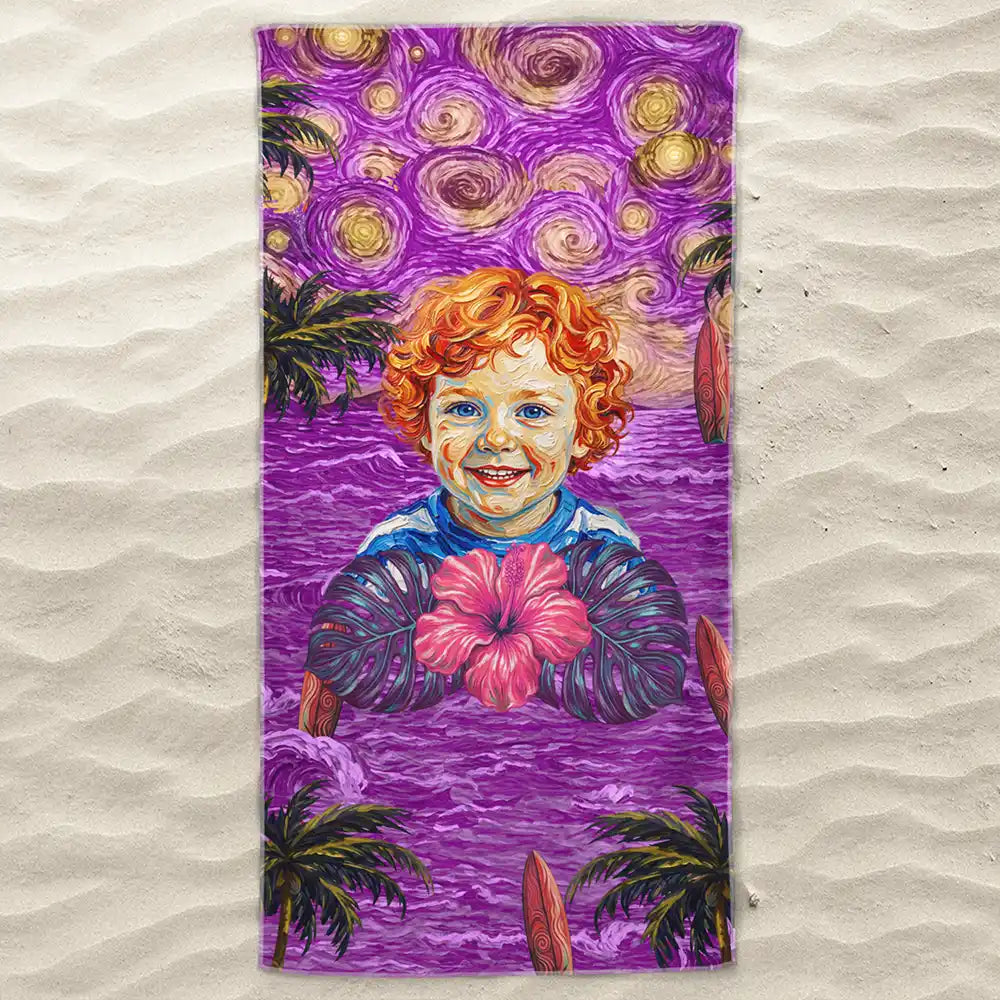 Custom Photo Starry Night Tropical Pattern Dog Cat Kid - Personalized Beach Towel