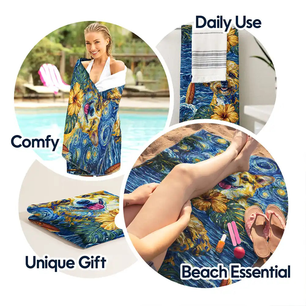 Custom Photo Starry Night Tropical Pattern Dog Cat Kid - Personalized Beach Towel