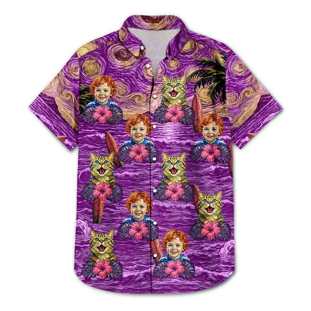 Custom Photo Starry Night Tropical Pattern Dog Cat Kid - Personalized Hawaiian Shirt