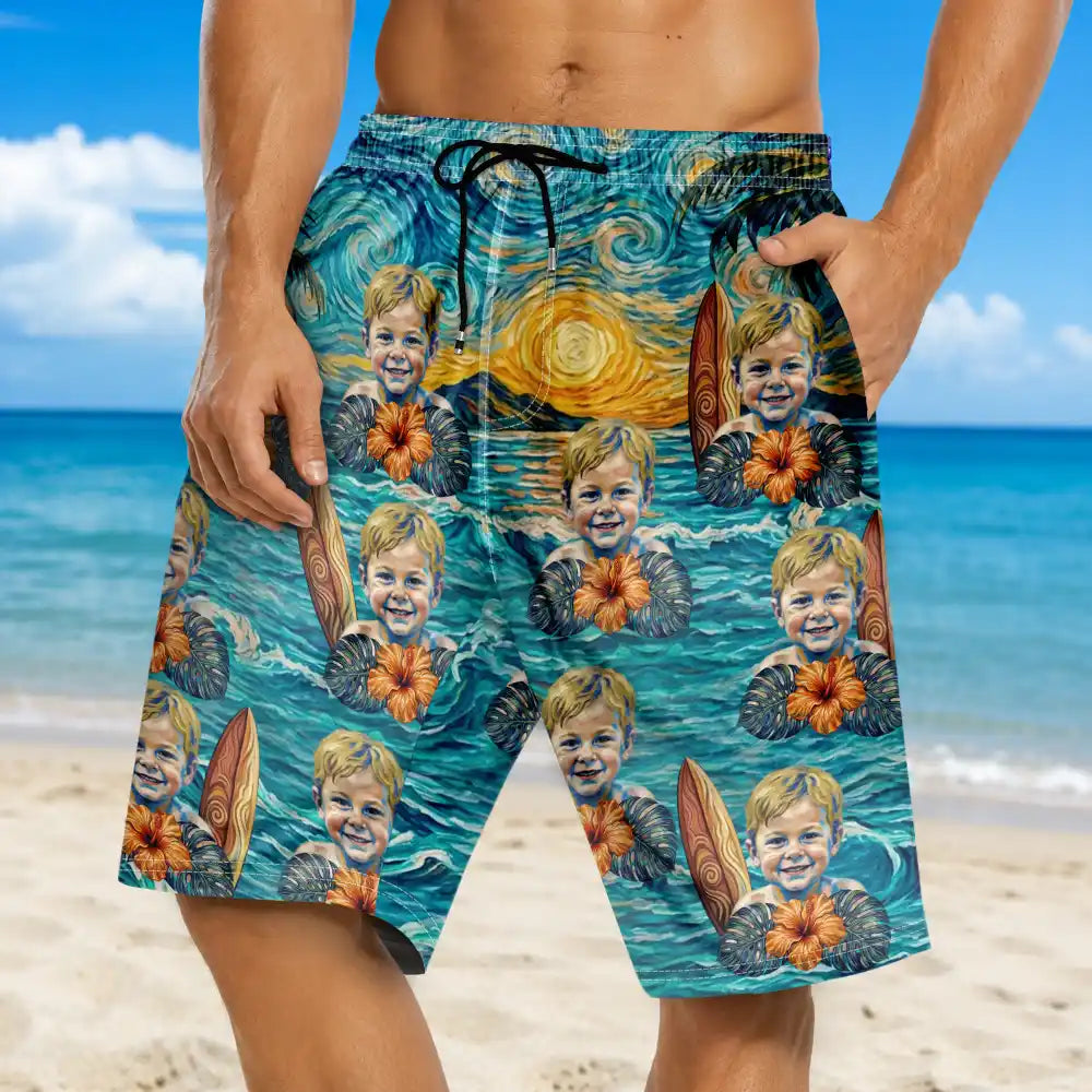 Custom Photo Starry Night Tropical Pattern Dog Cat Kid - Personalized Unisex Beach Shorts