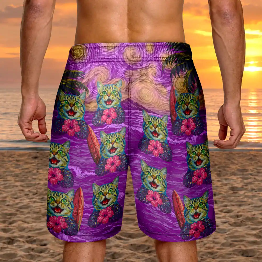 Custom Photo Starry Night Tropical Pattern Dog Cat Kid - Personalized Unisex Beach Shorts