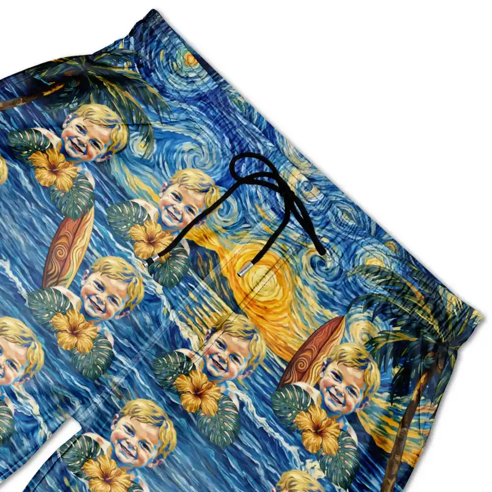 Custom Photo Starry Night Tropical Pattern Dog Cat Kid - Personalized Unisex Beach Shorts