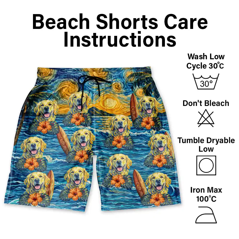Custom Photo Starry Night Tropical Pattern Dog Cat Kid - Personalized Unisex Beach Shorts
