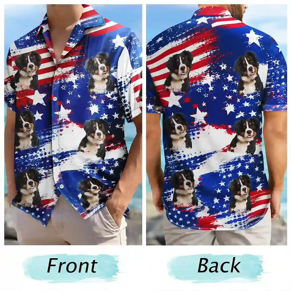 Custom Photo Stars & Stripes Dog Cat Happy Paws - Personalized Hawaiian Shirt