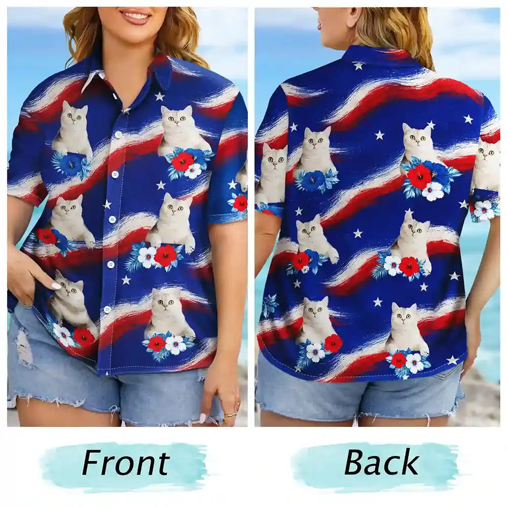 Custom Photo Stars & Stripes Dog Cat Happy Paws - Personalized Hawaiian Shirt