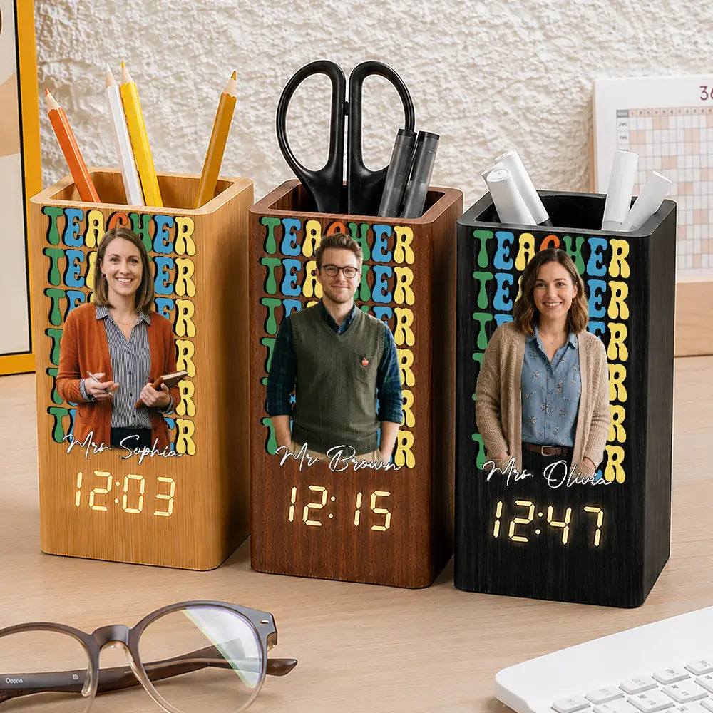 Custom Photo Teacher With Name - Personalized Pen Holder With Clock