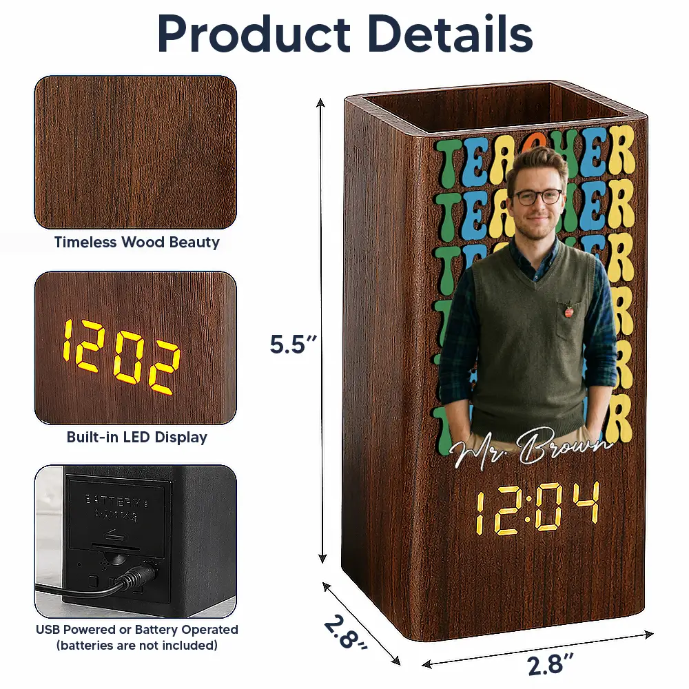 Custom Photo Teacher With Name - Personalized Pen Holder With Clock
