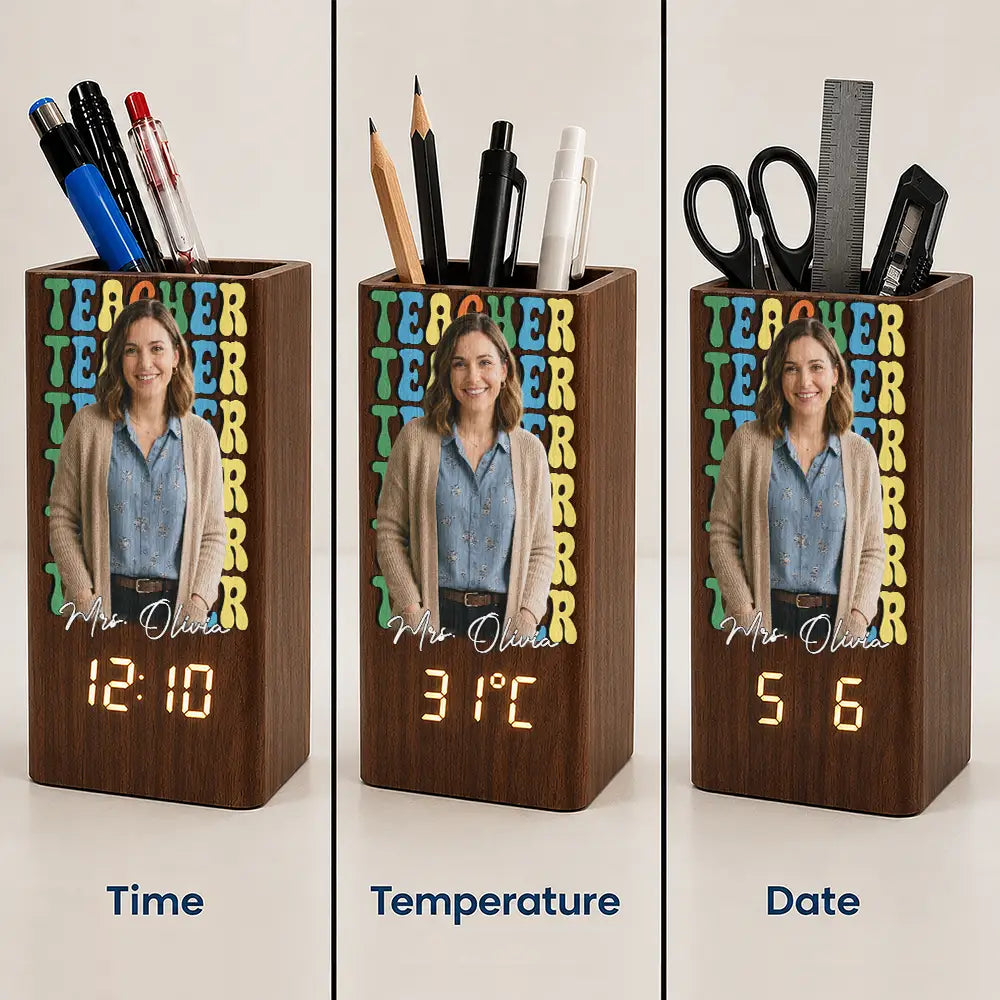 Custom Photo Teacher With Name - Personalized Pen Holder With Clock
