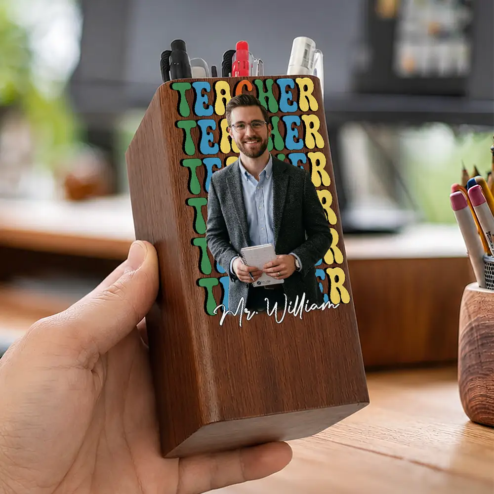 Custom Photo Teacher With Name - Personalized Pen Holder With Clock