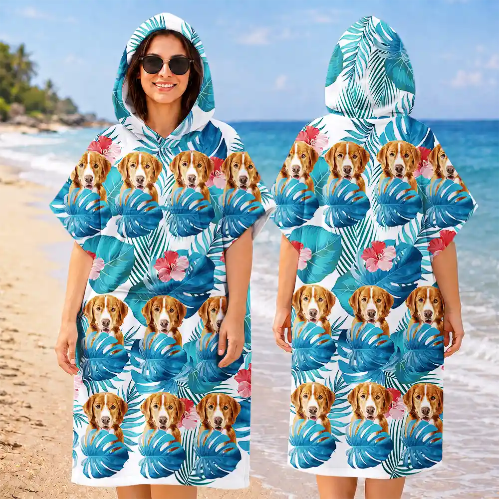 Custom Photo Tropical Funny Pet Family Face - Personalized Hooded Poncho Towel
