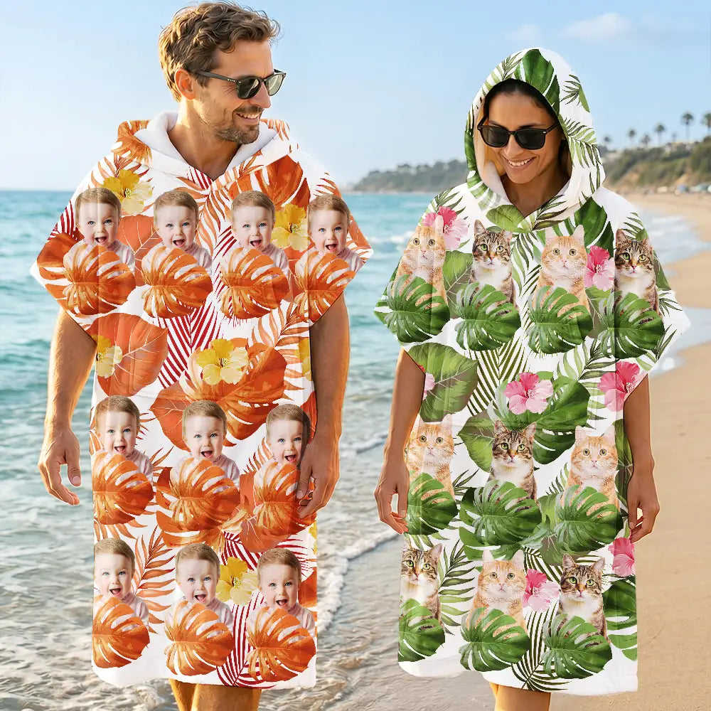 Custom Photo Tropical Funny Pet Family Face - Personalized Hooded Poncho Towel