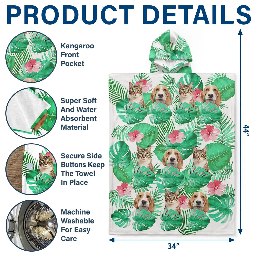 Custom Photo Tropical Funny Pet Family Face - Personalized Hooded Poncho Towel
