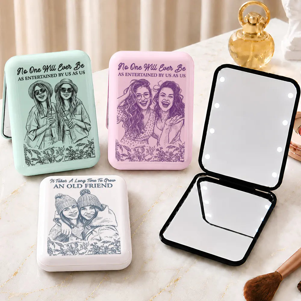 Custom Photo True Friendship Is Journey Without End Pencil Sketch Toile De Jouy - Personalized LED Compact Mirror