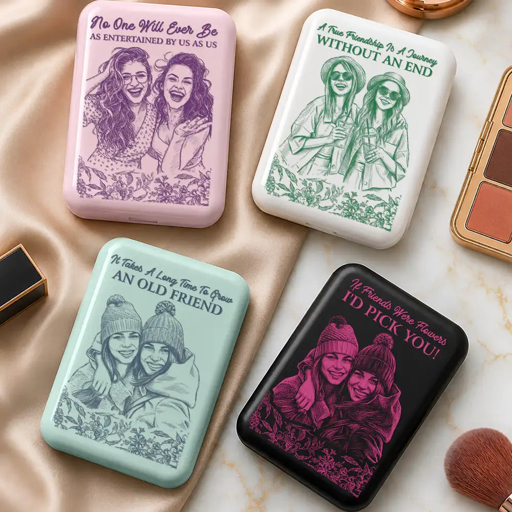Custom Photo True Friendship Is Journey Without End Pencil Sketch Toile De Jouy - Personalized LED Compact Mirror