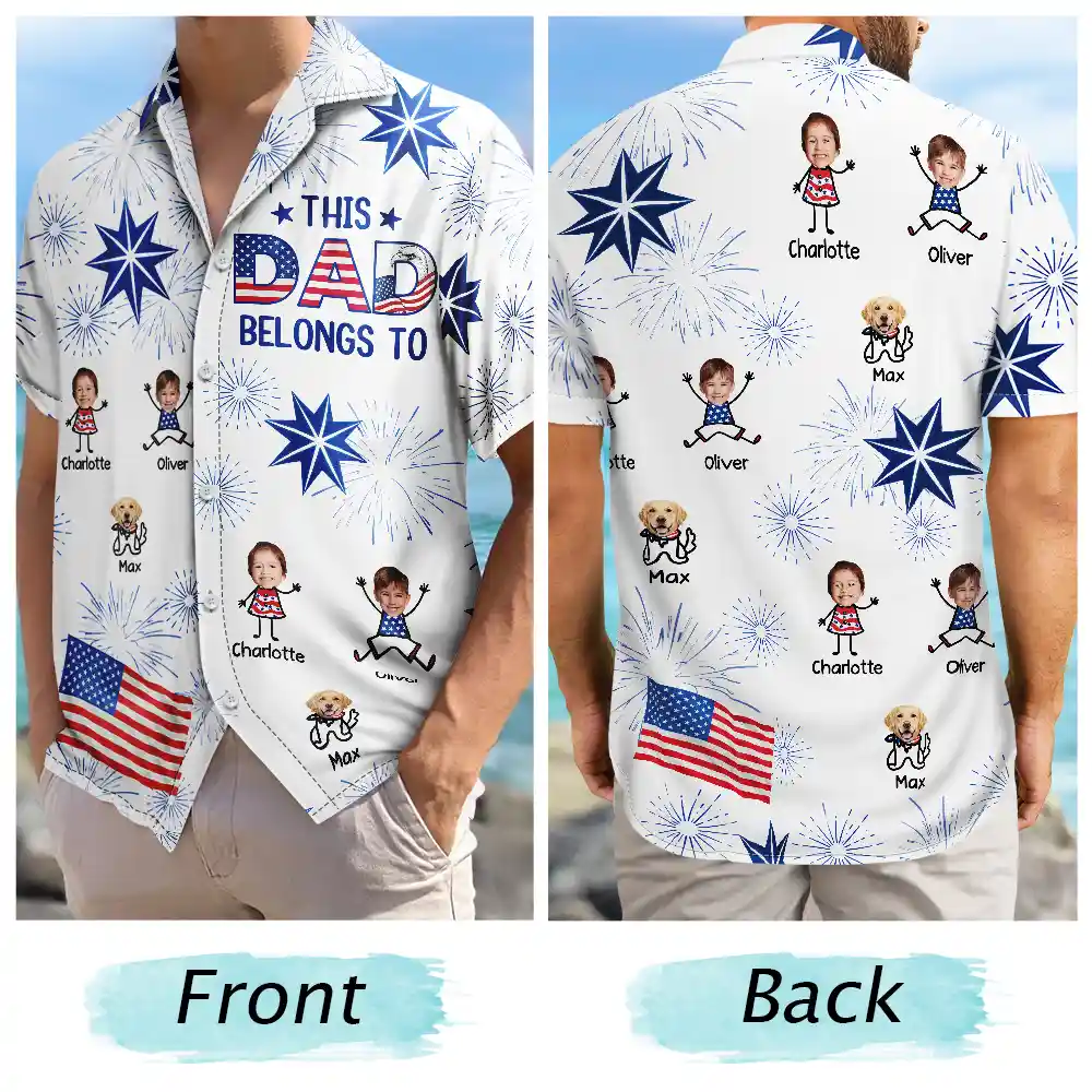Custom Photo US Flag My Heart Belongs To My Kids - Personalized Hawaiian Shirt