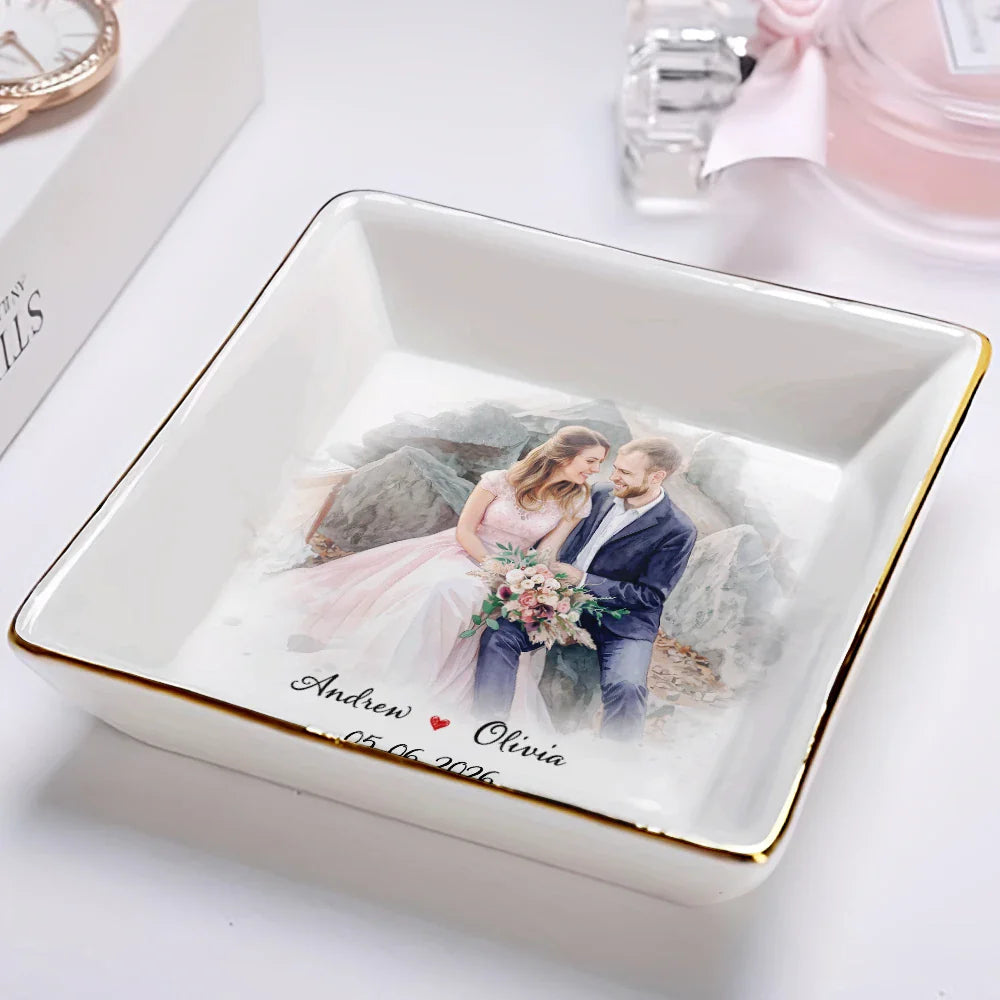 Custom Photo Watercolor Painting Couples Anniversary Gift - Personalized Ring Dish