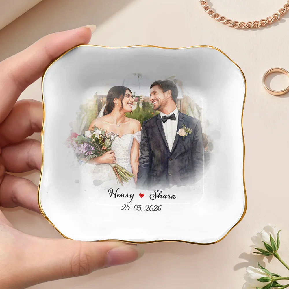 Custom Photo Watercolor Painting Couples Anniversary Gift - Personalized Ring Dish