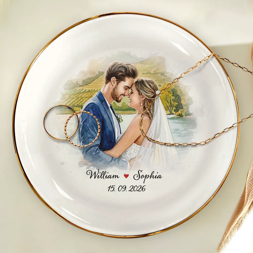 Custom Photo Watercolor Painting Couples Anniversary Gift - Personalized Ring Dish