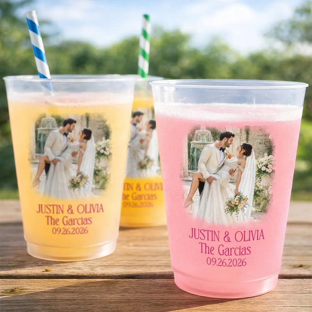 Custom Photo Watercolor Painting Couples Wedding Engaged Bachelor Party - Personalized Frosted Cups