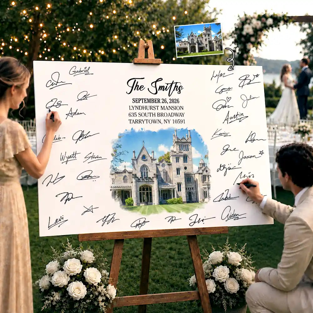 Custom Photo Watercolor Painting Wedding Venue Guest Book - Personalized Poster
