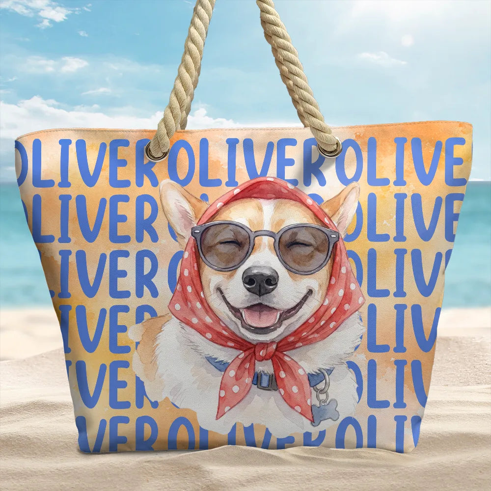 Custom Photo Watercolor Pet With Summer Accessories Cute Dog Cat Portrait - Personalized Beach Bag