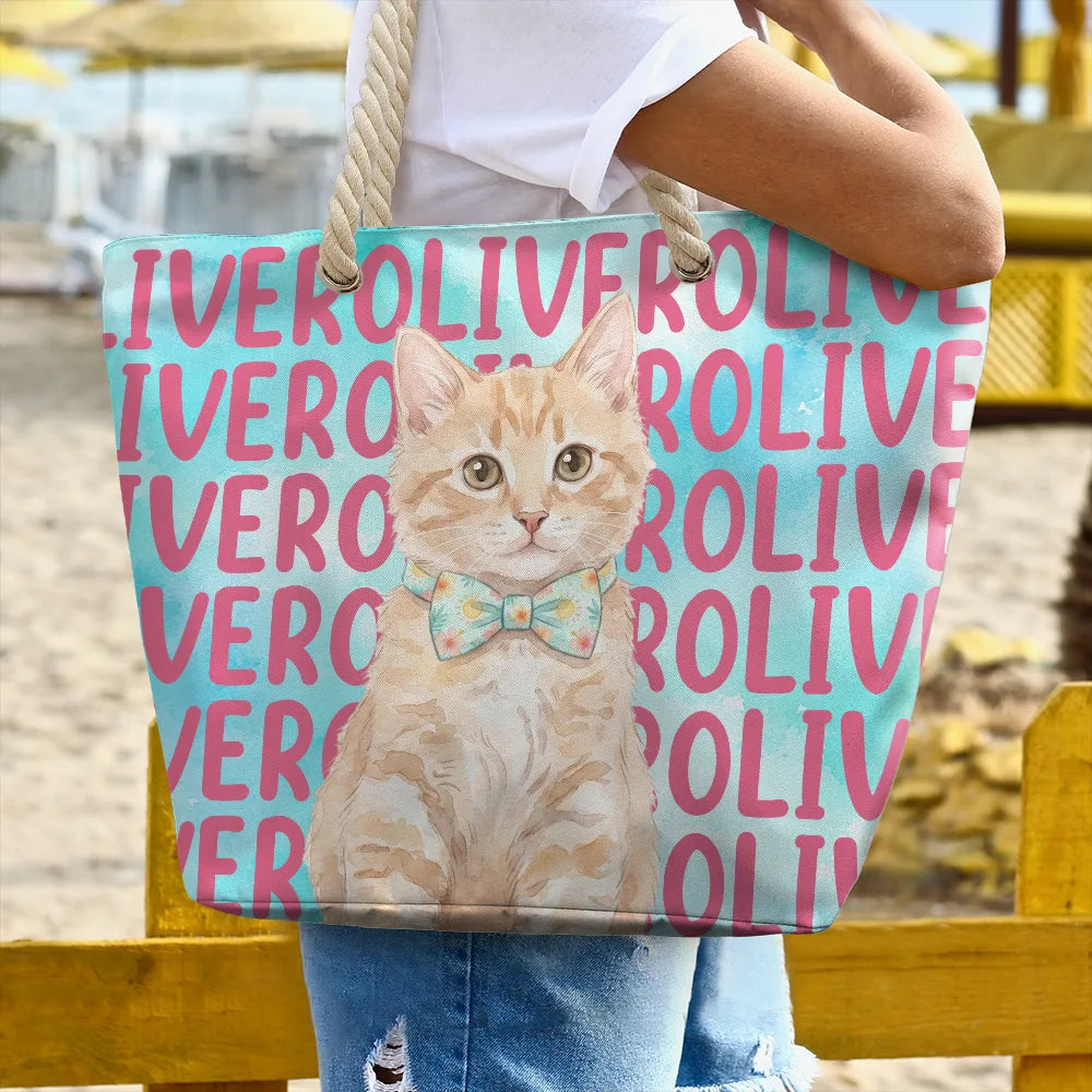 Custom Photo Watercolor Pet With Summer Accessories Cute Dog Cat Portrait - Personalized Beach Bag