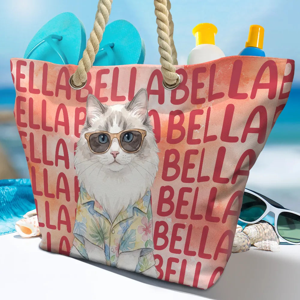 Custom Photo Watercolor Pet With Summer Accessories Cute Dog Cat Portrait - Personalized Beach Bag