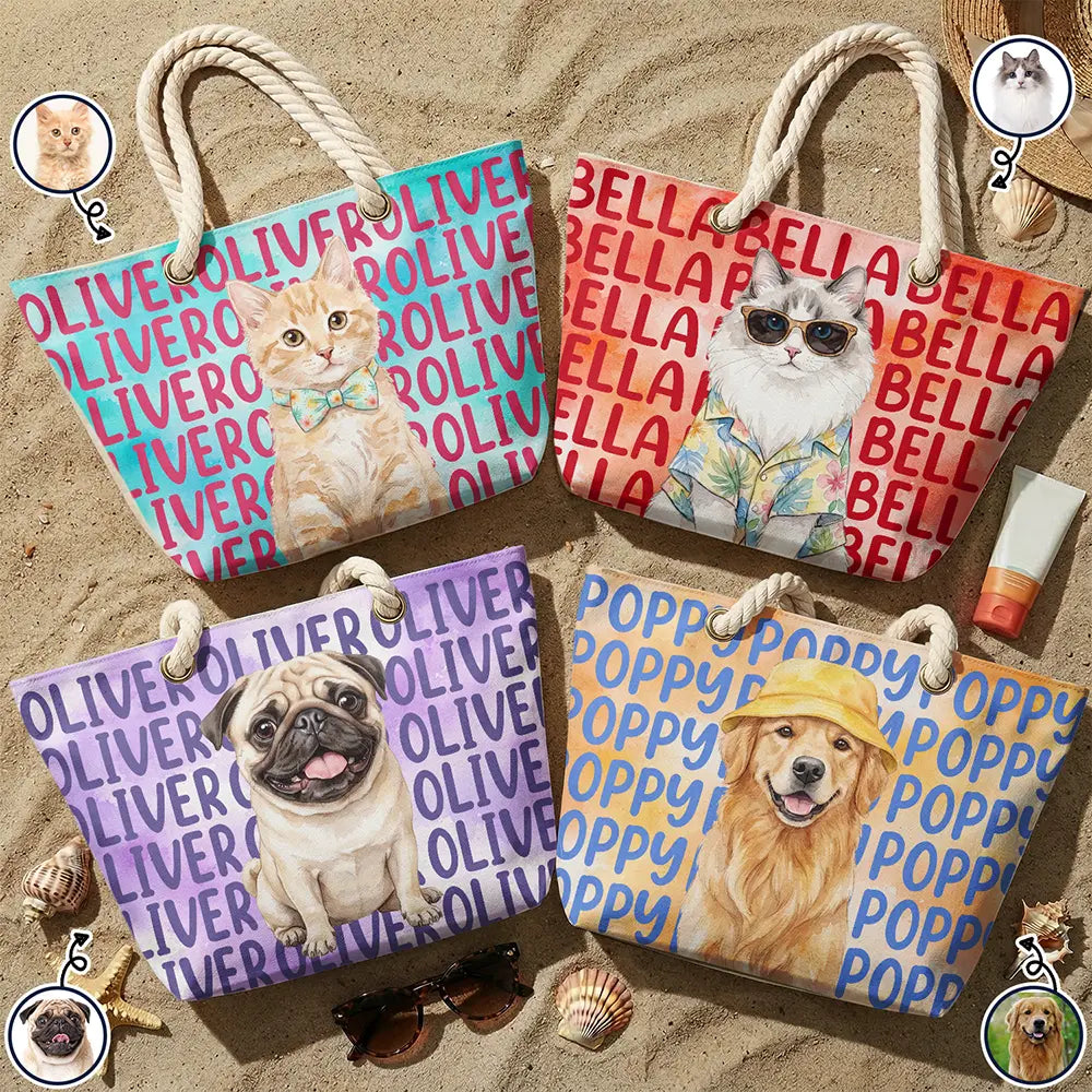 Custom Photo Watercolor Pet With Summer Accessories Cute Dog Cat Portrait - Personalized Beach Bag