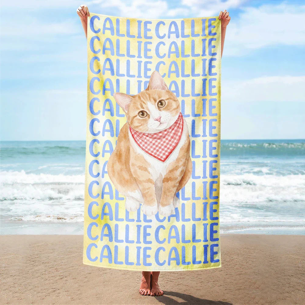Custom Photo Watercolor Pet With Summer Accessories Cute Dog Cat Portrait - Personalized Beach Towel