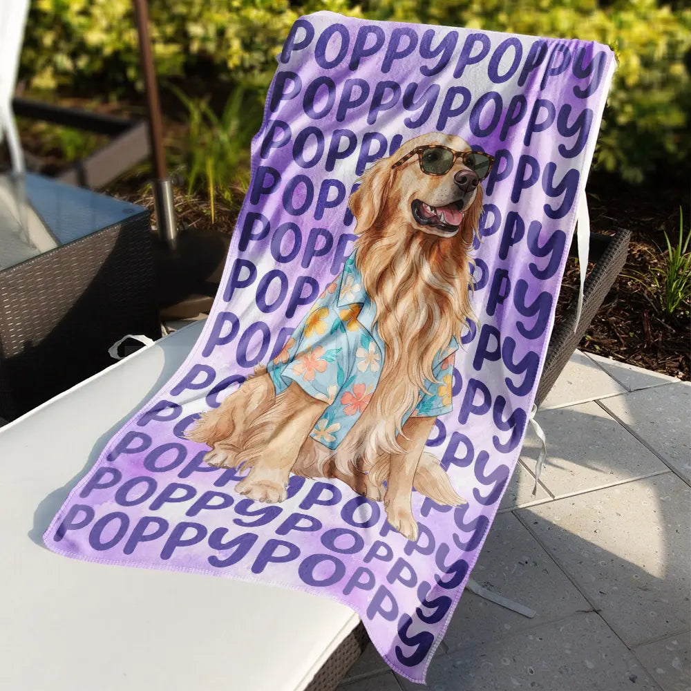Custom Photo Watercolor Pet With Summer Accessories Cute Dog Cat Portrait - Personalized Beach Towel