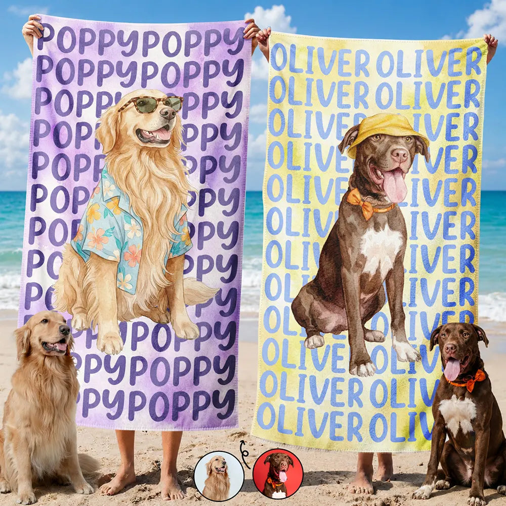 Custom Photo Watercolor Pet With Summer Accessories Cute Dog Cat Portrait - Personalized Beach Towel