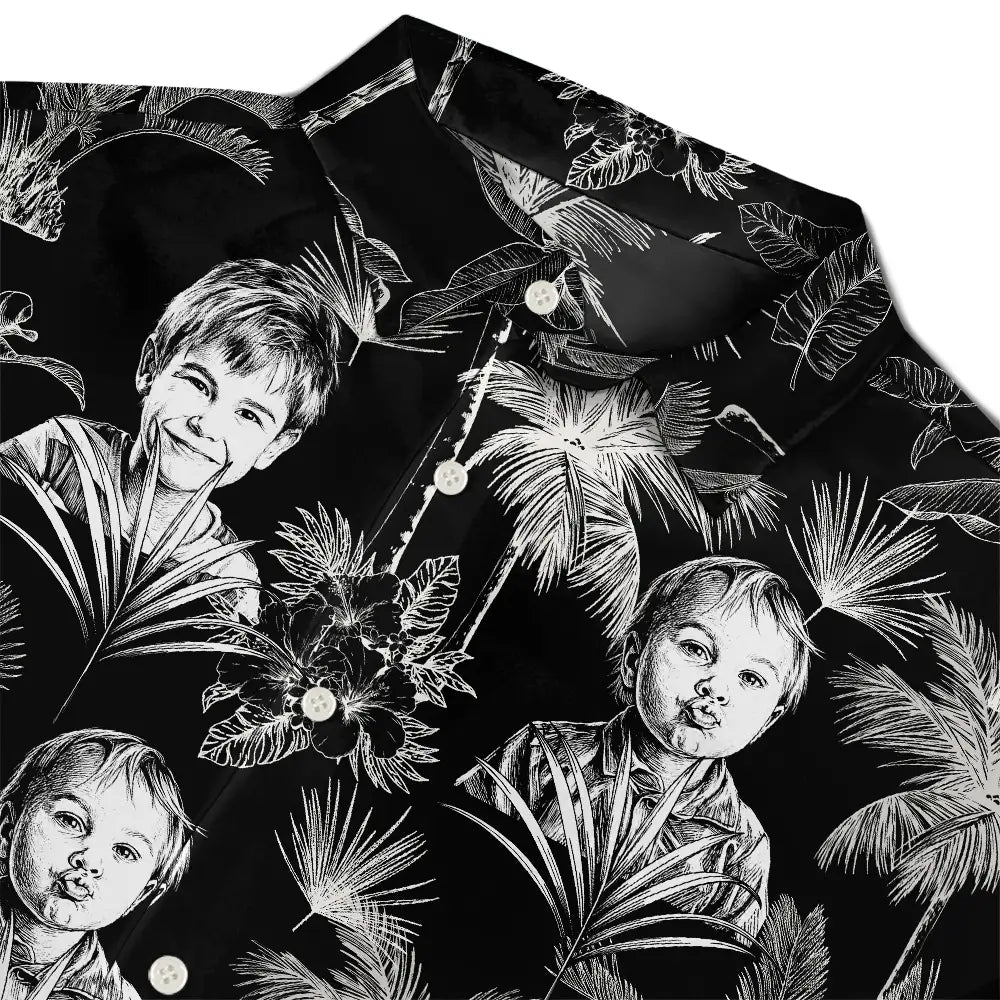 Custom Photo White Pencil Sketch Art Toile De Jouy Pattern Family Pet - Personalized Hawaiian Shirt