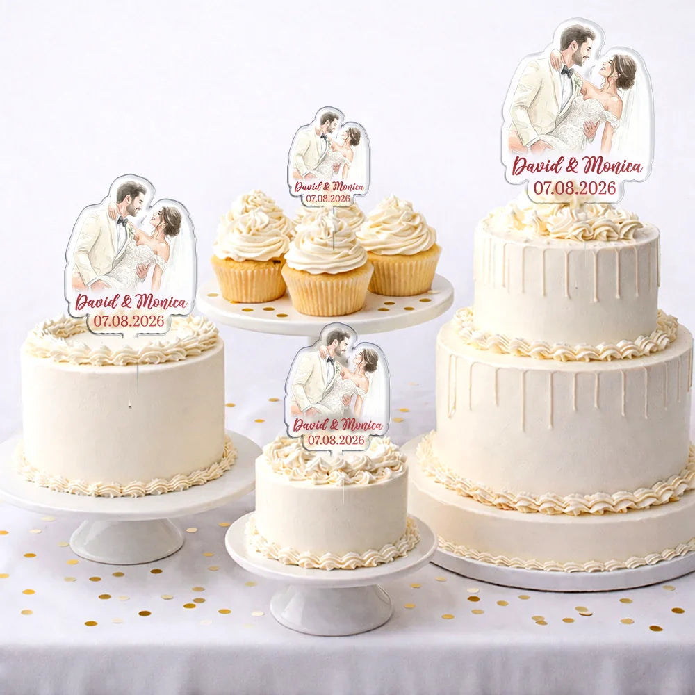 Custom Photo Realistic Watercolor Art Couples Wedding Engaged Bachelor Party - Personalized Acrylic Cake Topper