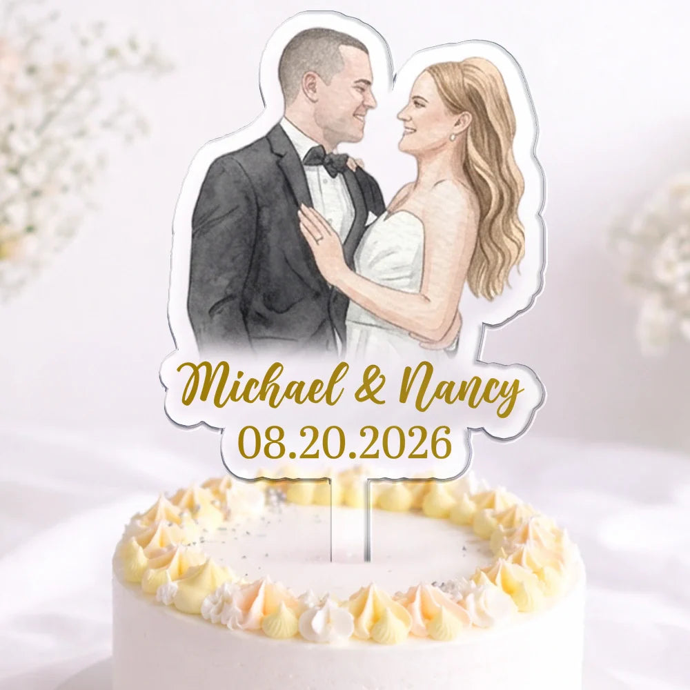 Custom Photo Realistic Watercolor Art Couples Wedding Engaged Bachelor Party - Personalized Acrylic Cake Topper