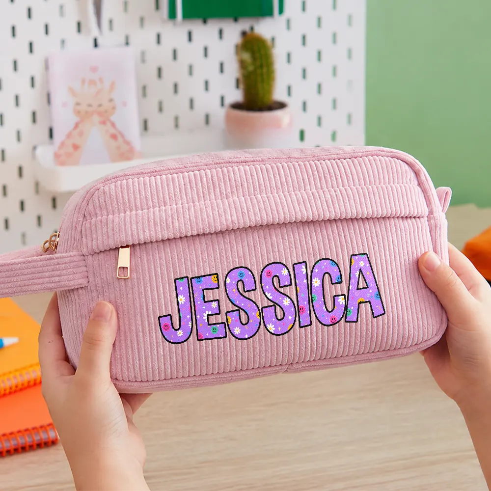Customize Name Pencil Pouch Back To School - Personalized Corduroy Pencil Case