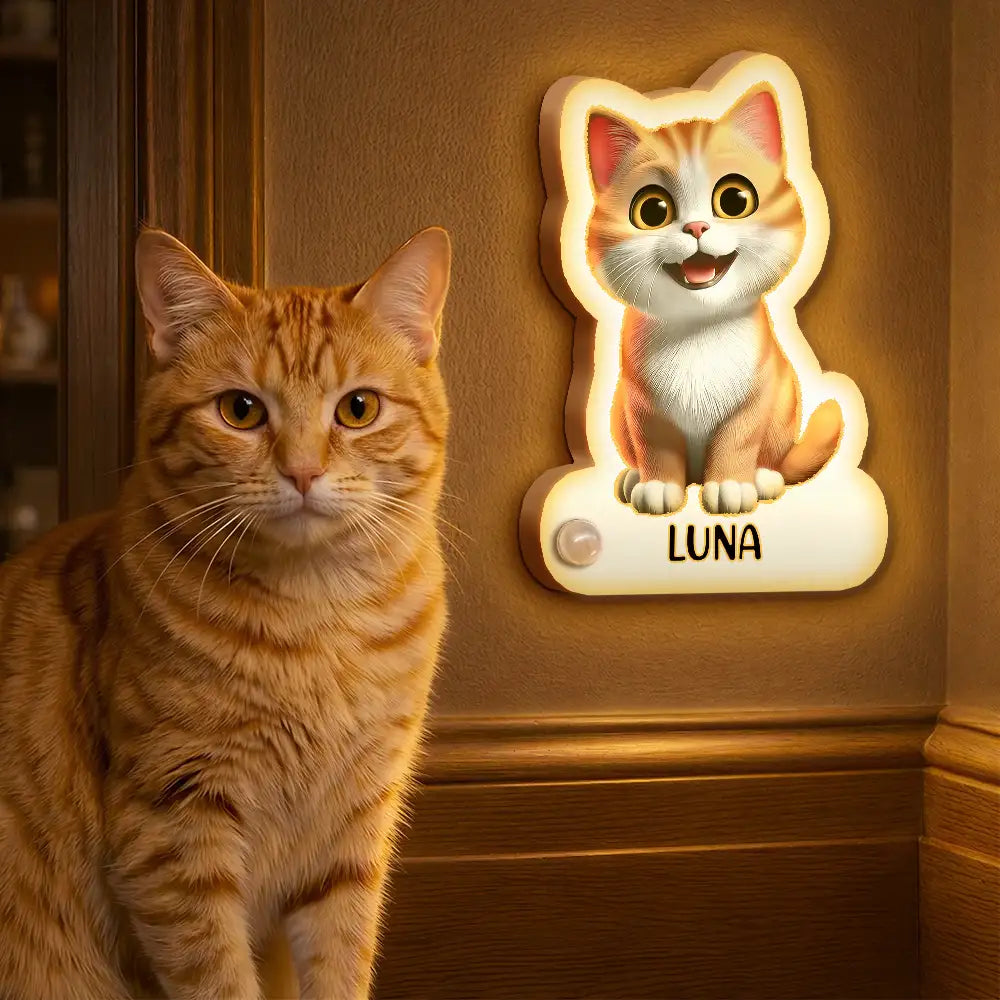 Cute 3D Effect Dog And Cat With Name - Personalized Motion Sensor Night Light
