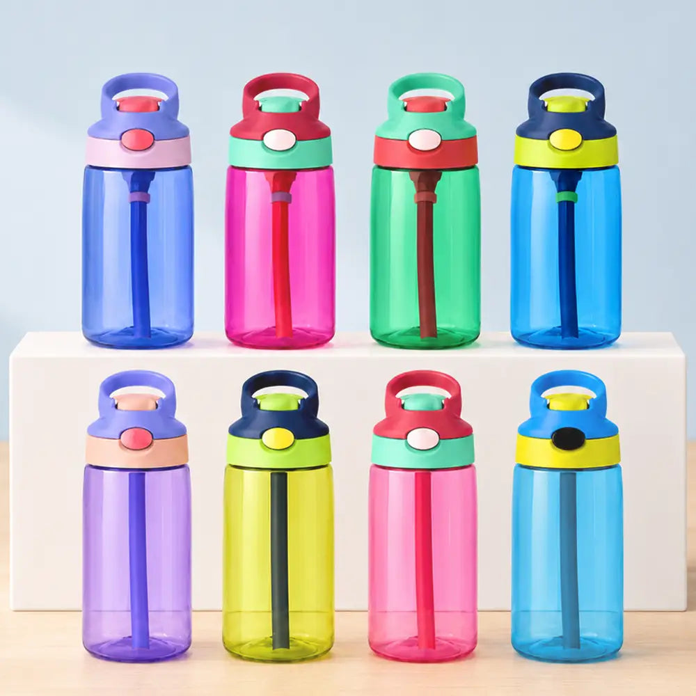 Custom Photo Cartoon Portrait Adorable Kid With Birth Month Flower - Personalized Kids Water Bottle With Straw