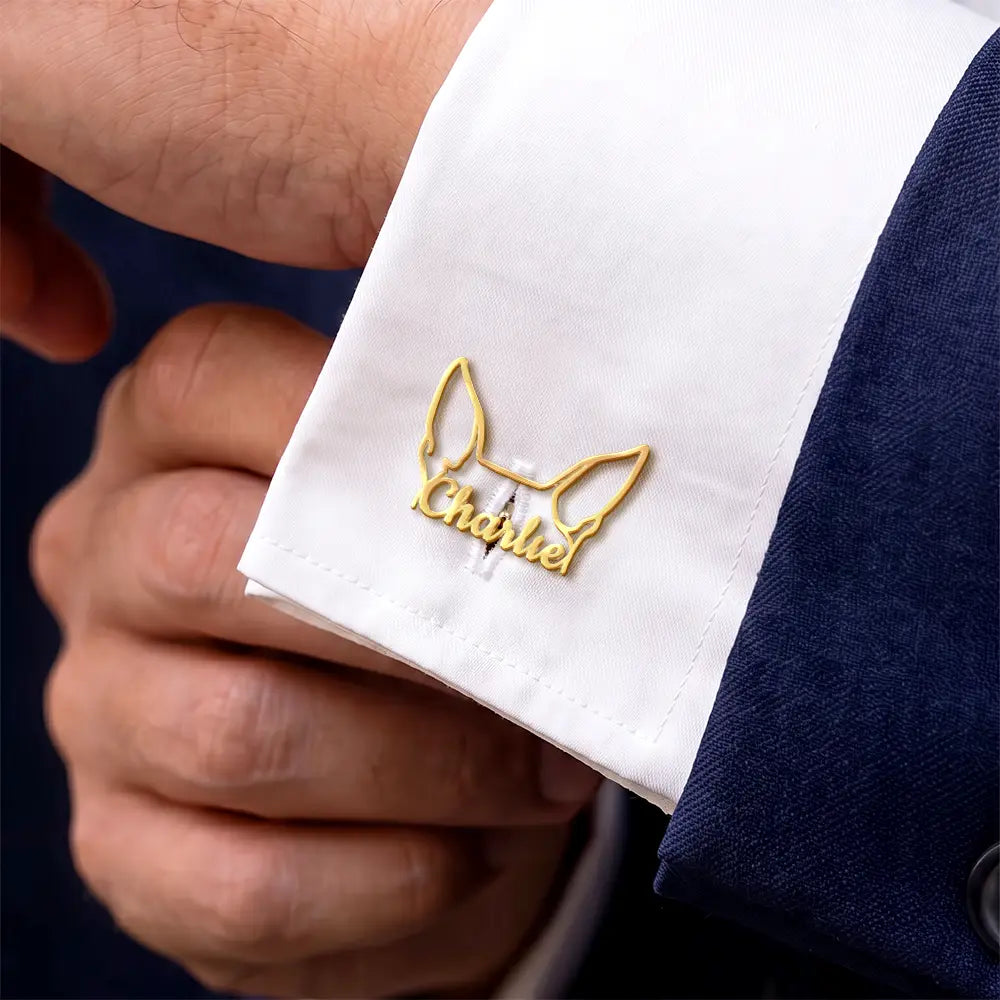 Dog Ears Line Art With Custom Name - Personalized Cufflinks
