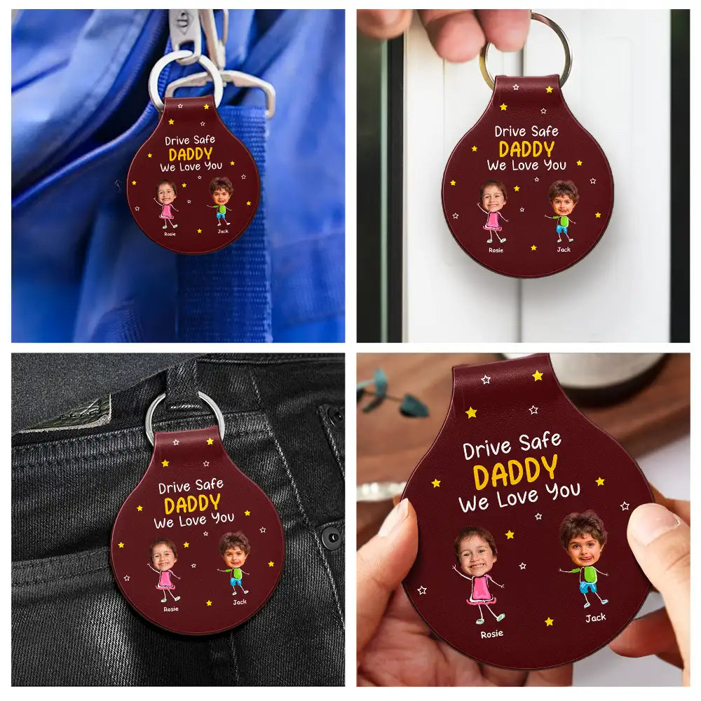 Custom Photo Drive Safe Daddy Grandpa Stick Figures - Personalized Custom Shaped Leather Keychain