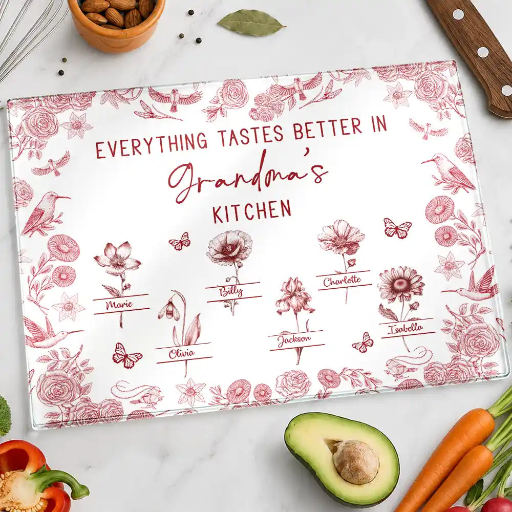 Everything Tastes Better In Mom Grandma Kitchen Toile Birth Flower - Personalized Cutting Board