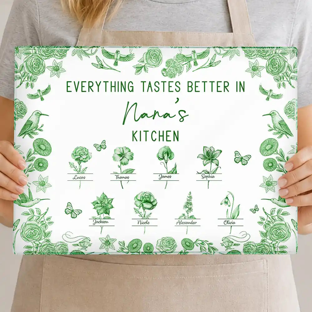 Everything Tastes Better In Mom Grandma Kitchen Toile Birth Flower - Personalized Cutting Board