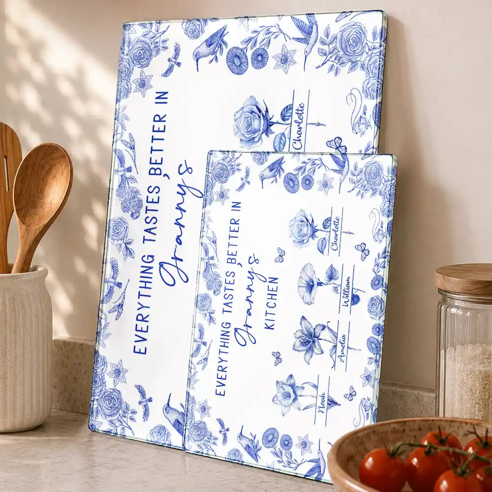 Everything Tastes Better In Mom Grandma Kitchen Toile Birth Flower - Personalized Cutting Board
