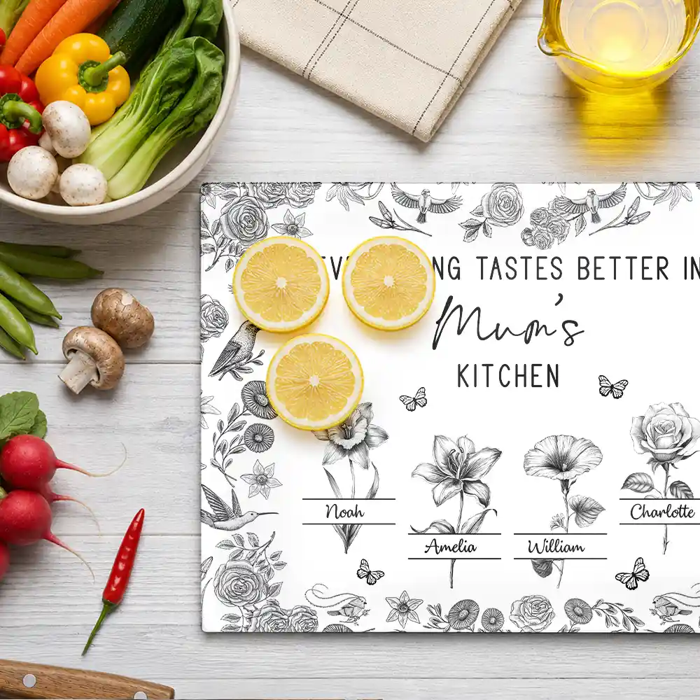 Everything Tastes Better In Mom Grandma Kitchen Toile Birth Flower - Personalized Cutting Board