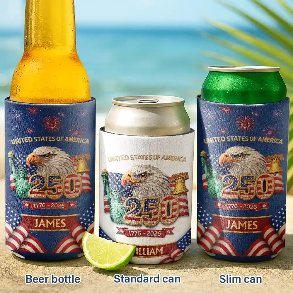 Faux Embroidery Effect America 250th Anniversary - Personalized Can Cooler Sleeve