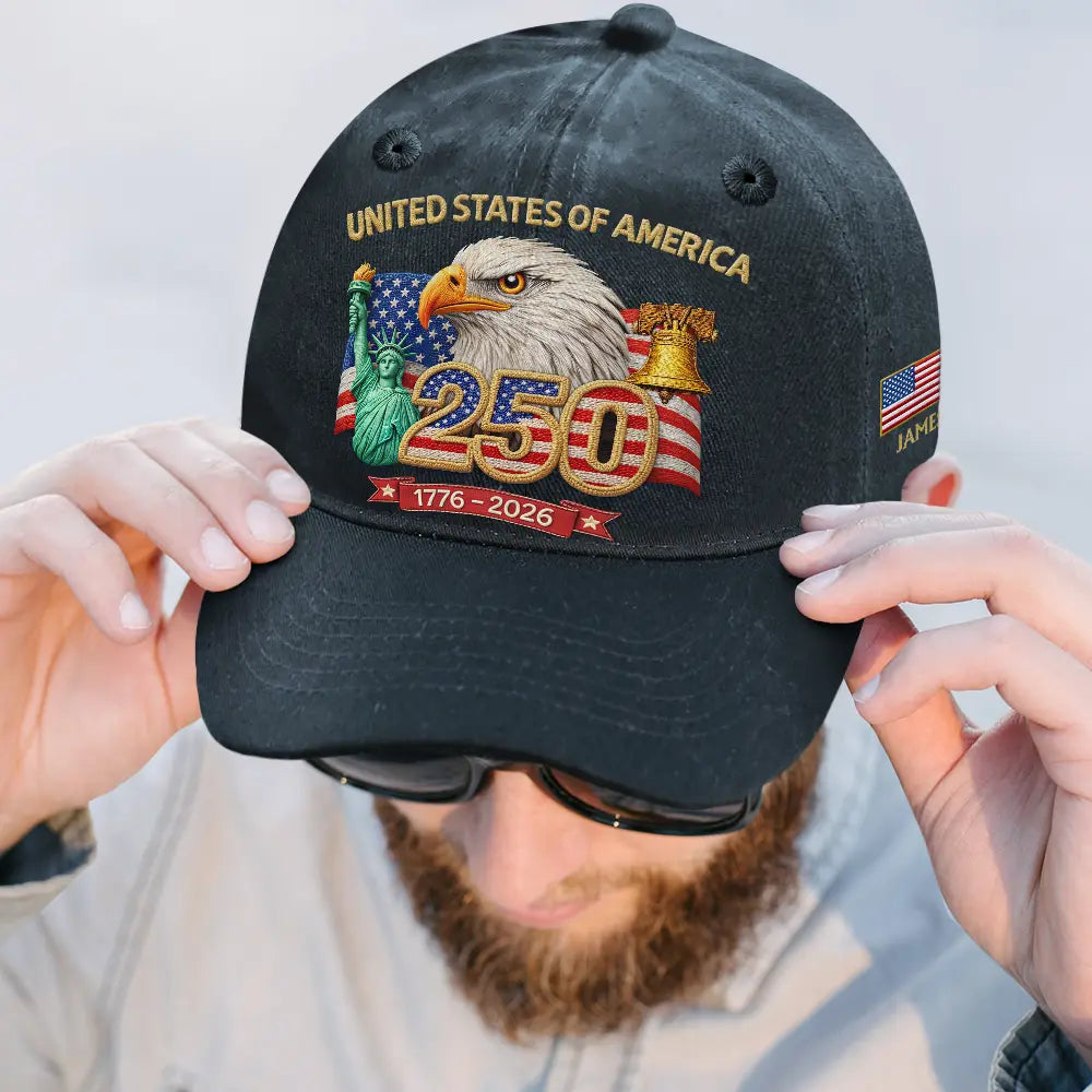 Faux Embroidery Effect USA 250th Anniversary - Personalized Vintage Washed Denim Cap