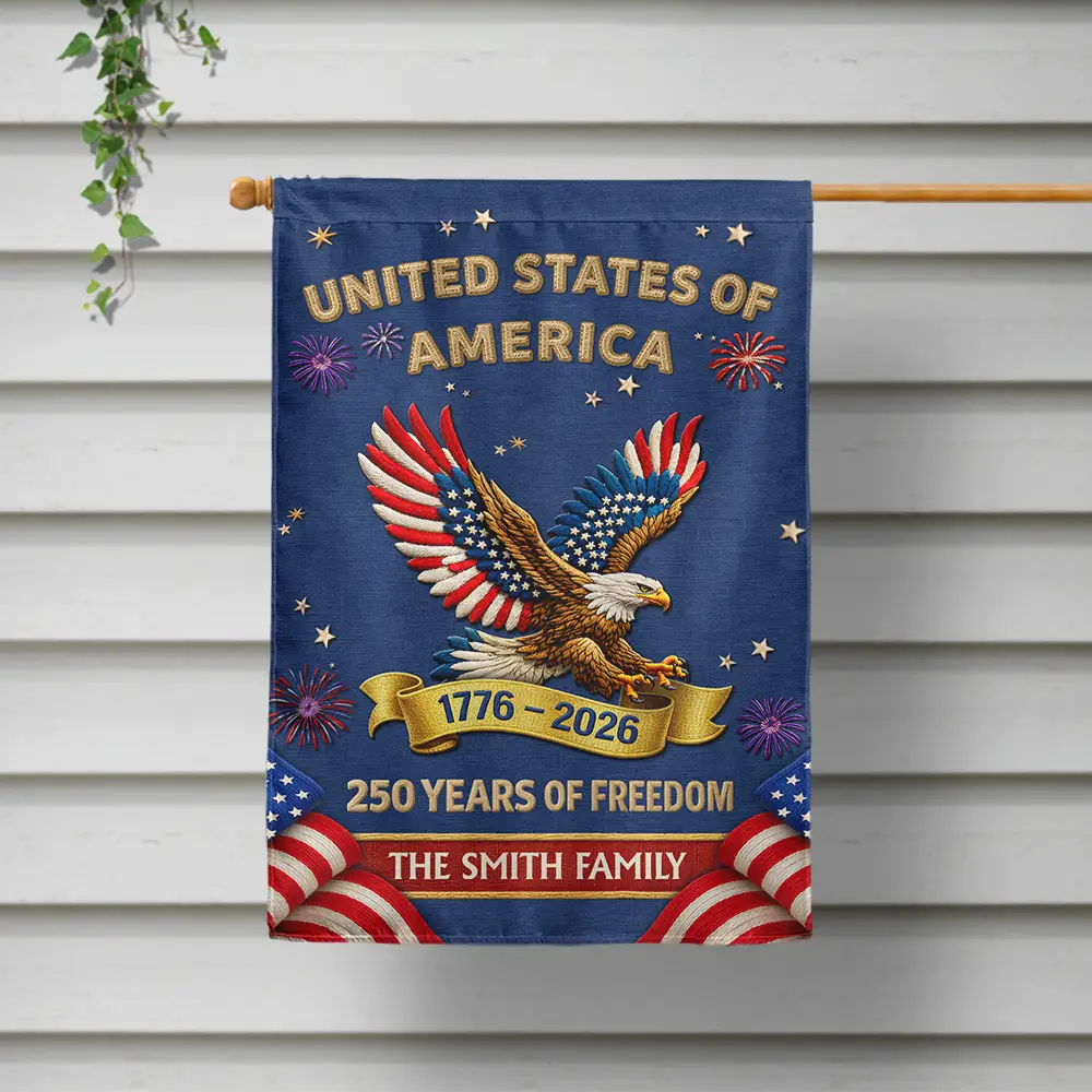 Faux Embroidery Effect America 250th Anniversary Family Name - Personalized Flag
