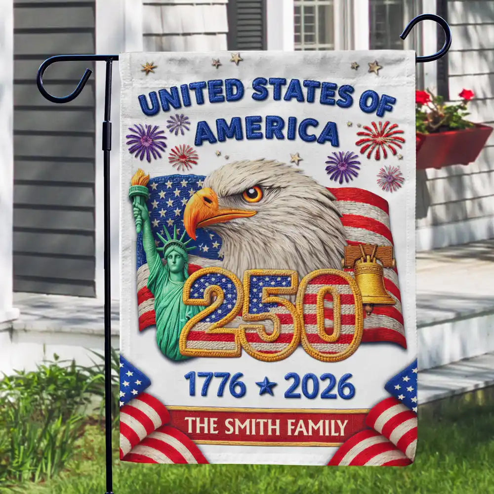 Faux Embroidery Effect America 250th Anniversary Family Name - Personalized Flag