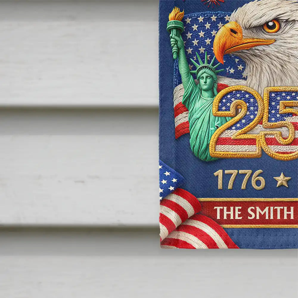 Faux Embroidery Effect America 250th Anniversary Family Name - Personalized Flag